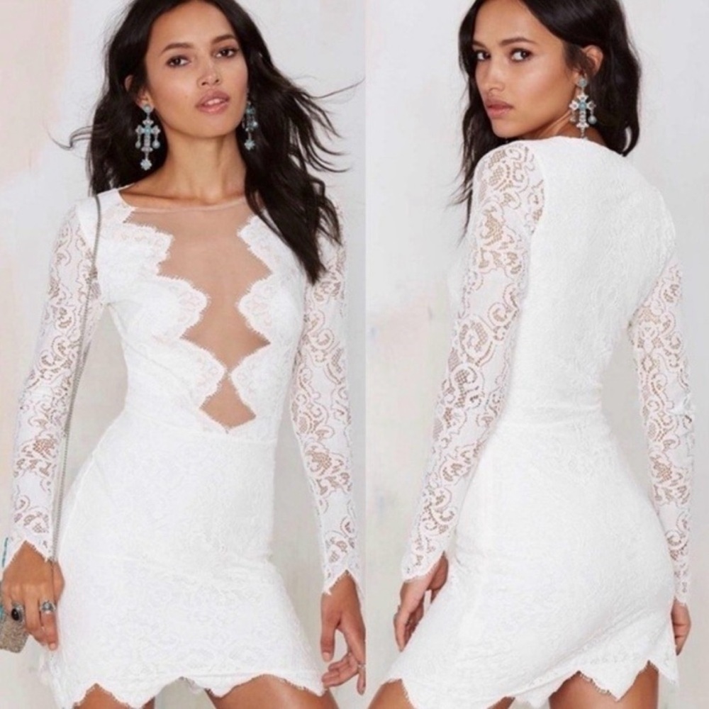 For Love & Lemons White Lace Long-Sleeve Mini Dress